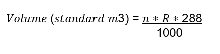 The volume in standard cubic meters is equal to n times R times 288, divided by 1000.