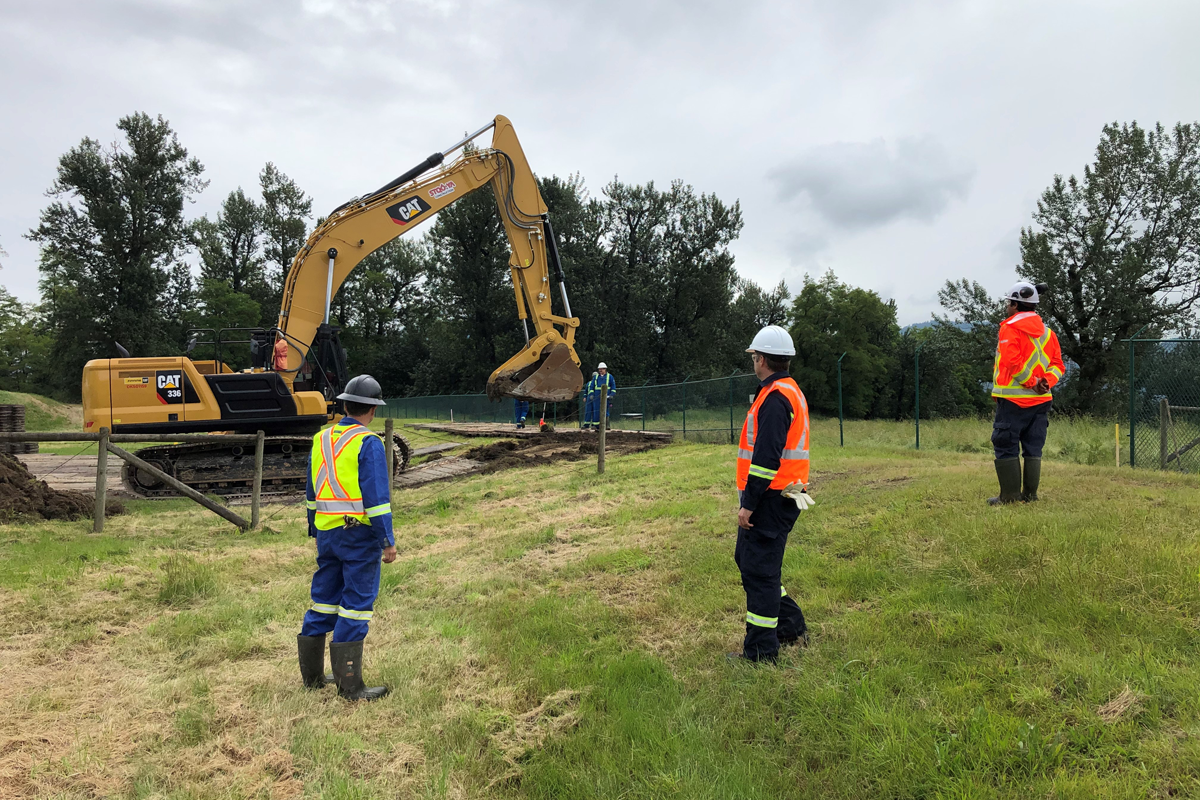 Three field inspectors observing construction being done with an excavator in a field