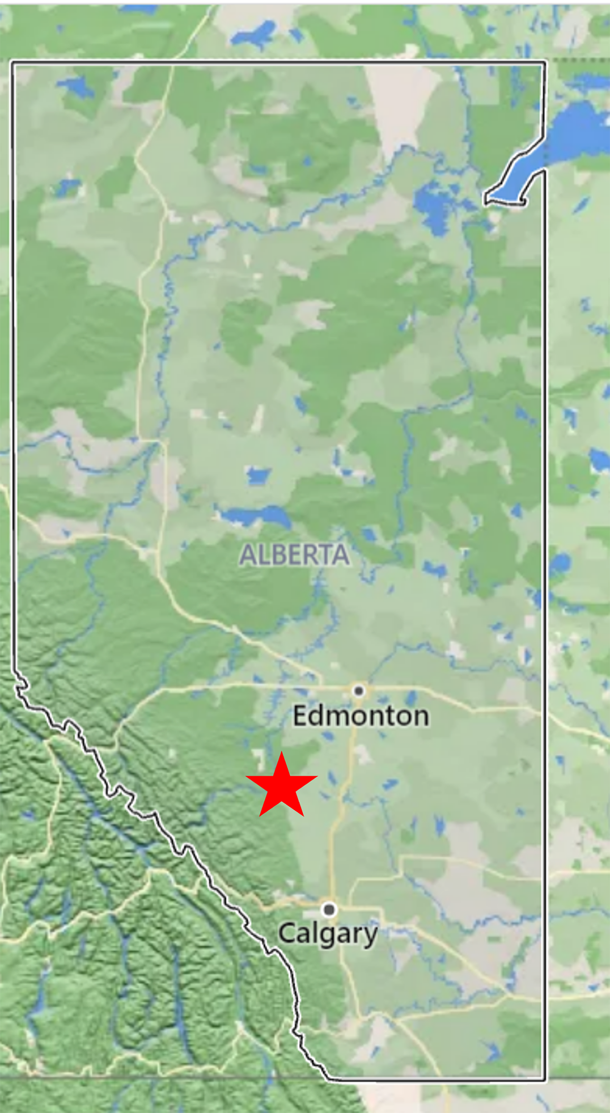 Map of Alberta, highlighting Caroline, AB.