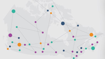 A graphic design depicts lines connecting several coloured dots spread across a faded grey map of Canada