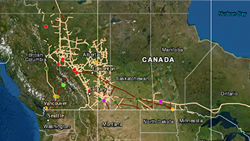 Map of Canada showing pipeline locations and data that we have been collecting on incidents since 2008