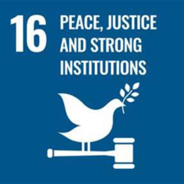 Icon showing the number 16 and the words Peace, Justice and Strong Institutions