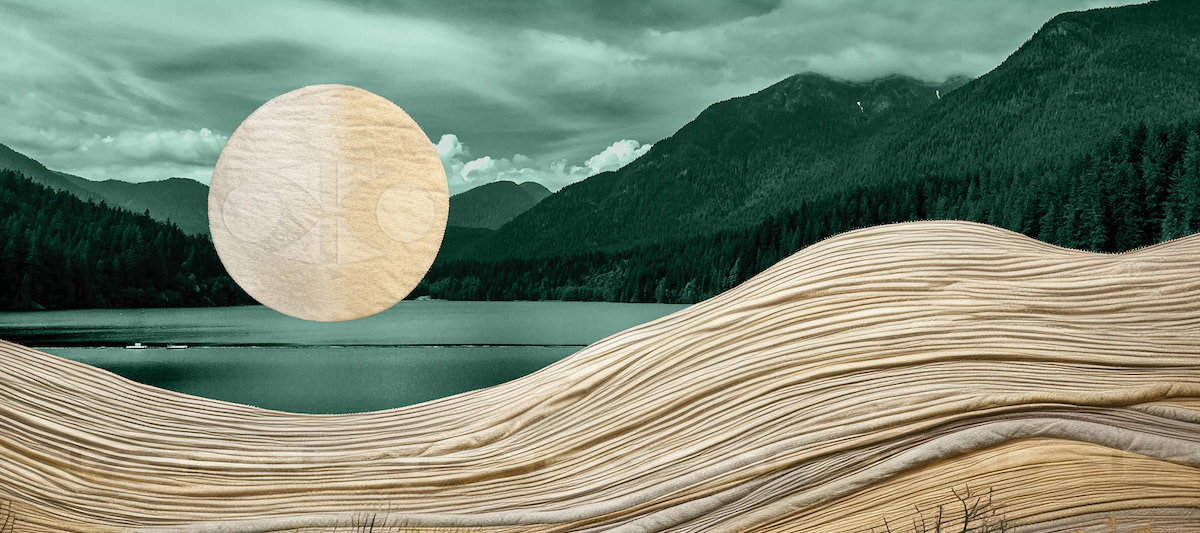 Green-hued landscape of Capilano Reservoir Lake in Vancouver, BC, with natural-toned threads in the foreground resembling rolling hills and the IAC logo superimposed on a glowing moon. 