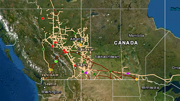 Map of Canada showing the location of pipelines and data we have been collecting on incidents since 2008
