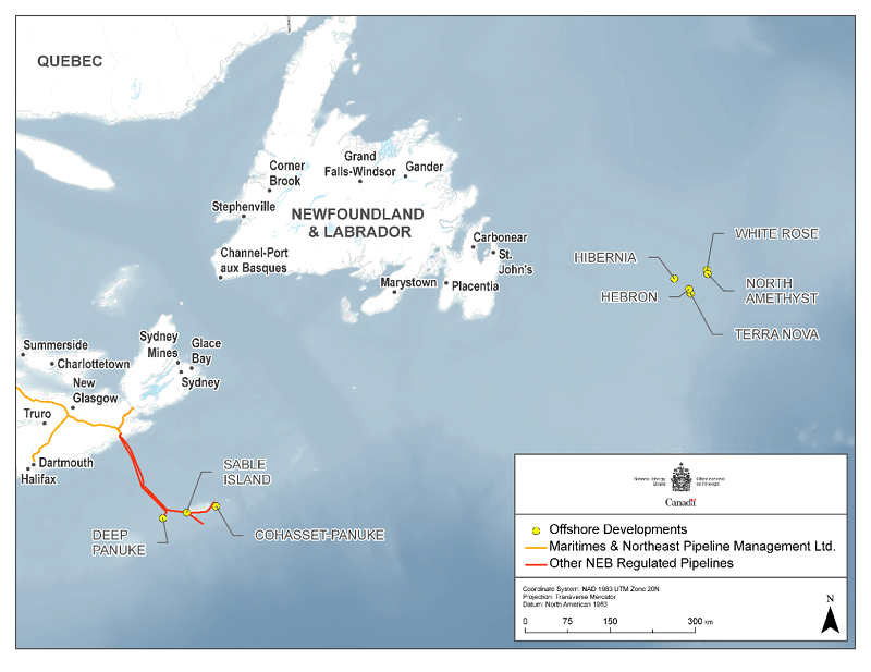 This map illustrates the location of offshore developments in Atlantic Canada. Three developments are depicted off the shore of Nova Scotia: Deep Panuke, Sable Island, and Cohasset-Panuke. Five developments are depicted off the shore of Newfoundland, from east to west: Hibernia, Hebron, Terra Nova, White Rose, and North Amethyst. Overlaid is the Maritimes & Northeast Pipeline Management Ltd. in Nova Scotia. This connects to other NEB regulated pipelines, which connect to the three developments off shore of Nova Scotia.