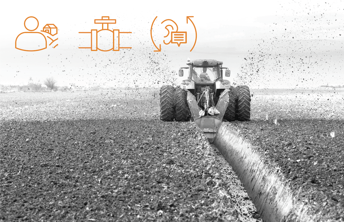 Icons: agricultural person, pipeline, steps for damage prevention and tractor with double wheeled ditcher digging drainage canal