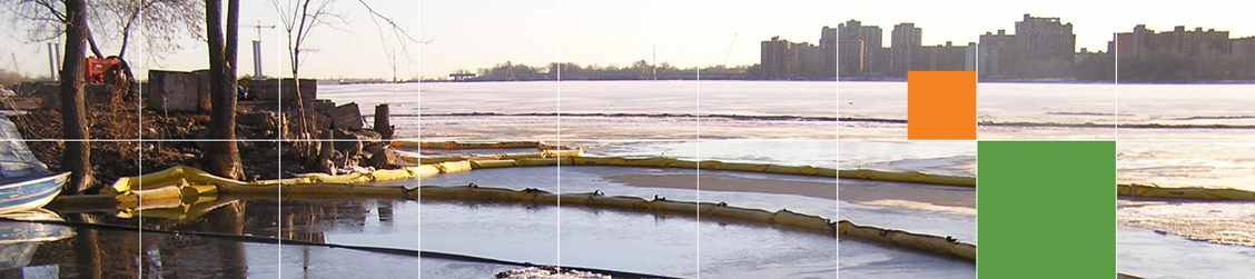 Banner showing a yellow containment boom set up on the water in icy conditions