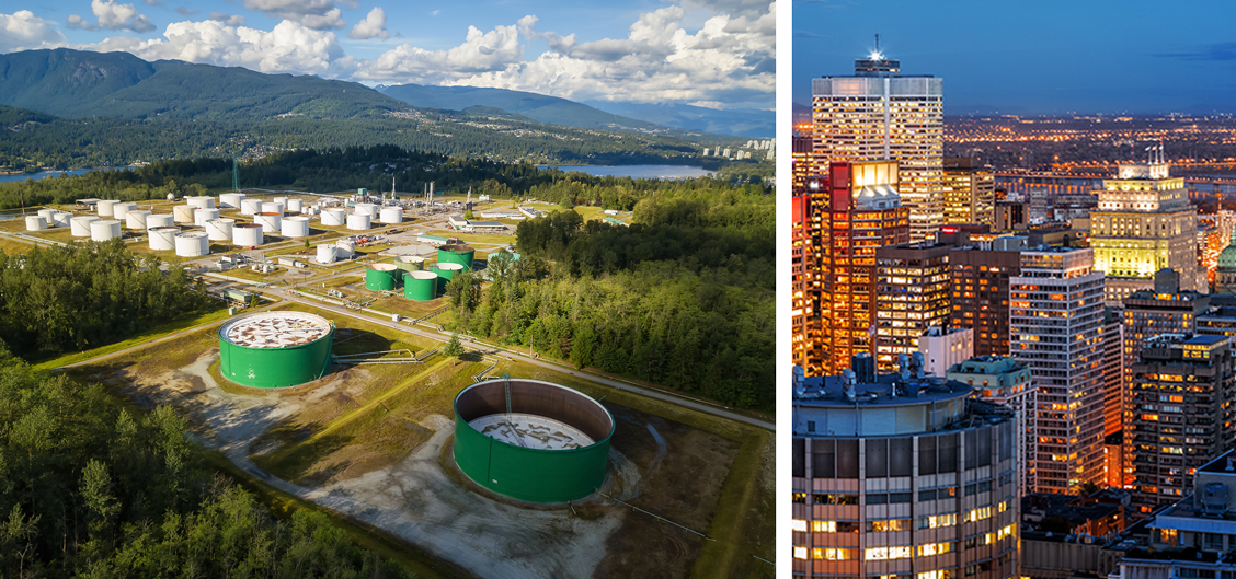 On the left: Aerial view of Oil Refinery in in Port Moody, Vancouver, BC, Canada and on the right: Montreal At Dusk with lights lit