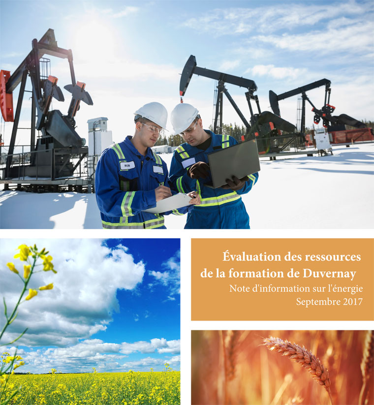 Photo supérieure : Deux ouvriers pétrolifères debout devant des chevalets de pompage; Photo en bas à gauche : Un champ de canola; Photo en bas à droite : Blé